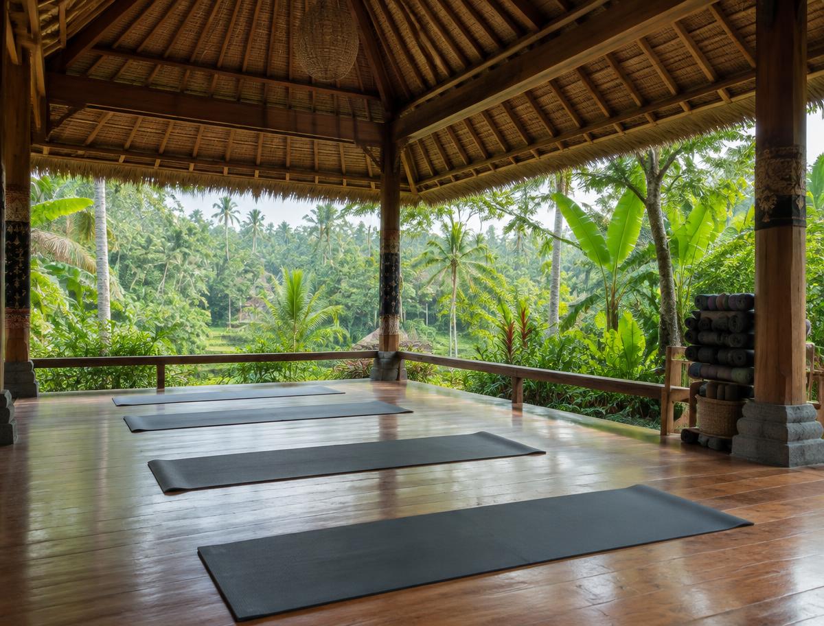Open-air wooden yoga pavilion surrounded by tropical greenery